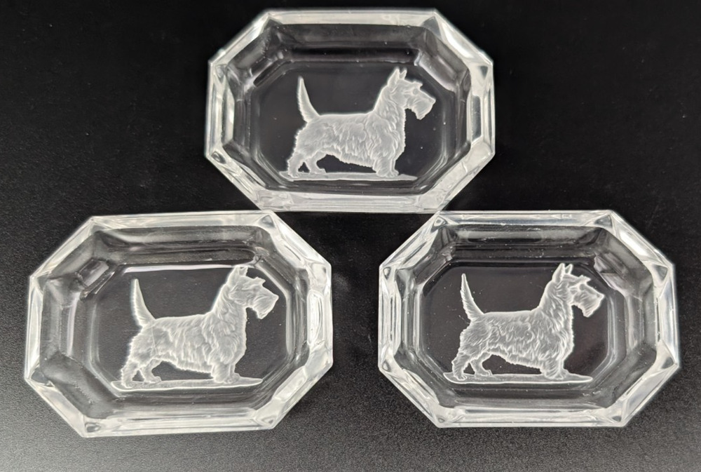 3 Bohemian Intaglio Glass Salt Cellars Dishes Scottish Terrier Scottie Dog
